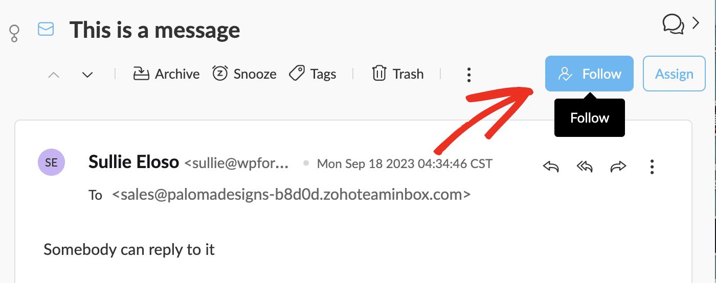 Follow message thread in Zoho TeamInbox Follow message thread in Zoho TeamInbox